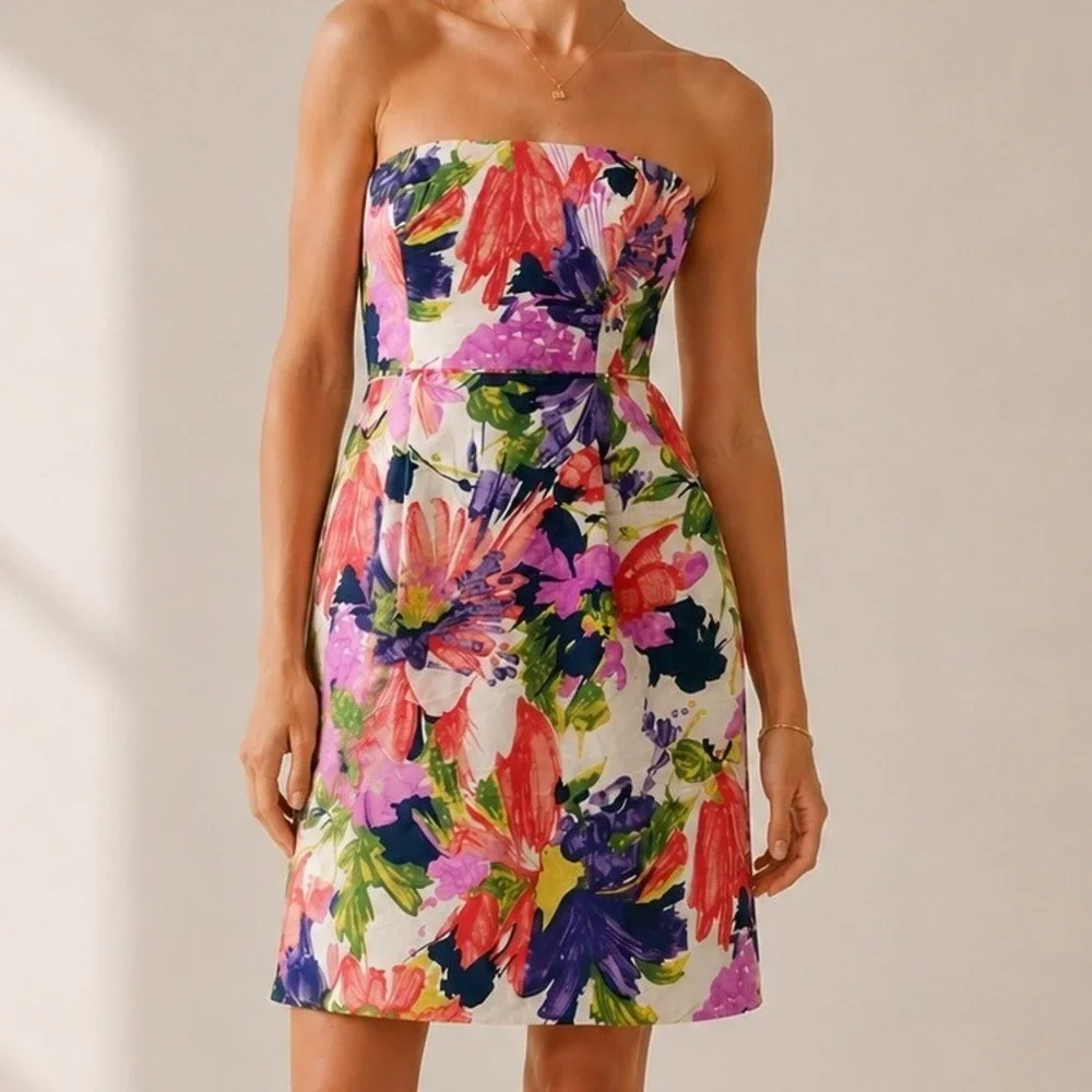 J.Crew Silk Strapless Silk Floral Sheath‎ Homecoming Dress Women Multicolor Sz 2